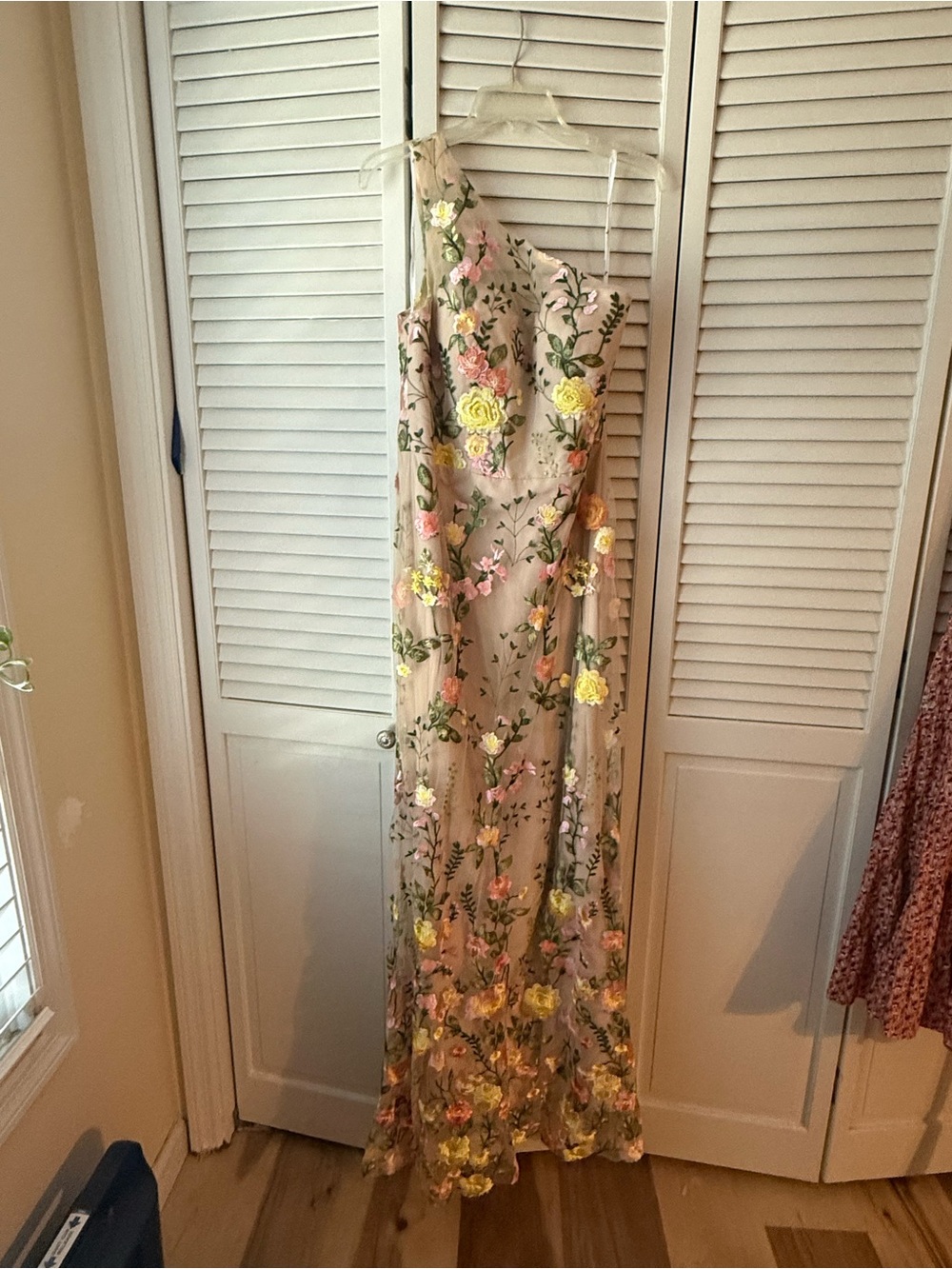 Floral Embroidered Beige Maxi Dress with Yellow & Pink Flowers